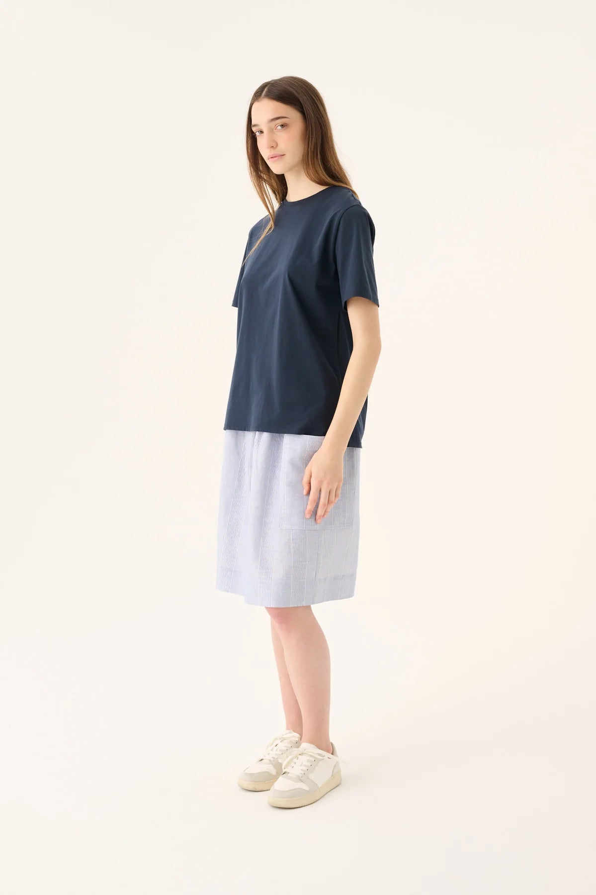 Poruka light linen stripe skirt - Blue dual stripe