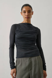 Gaia langærmet draperet bluse - mørkegrå