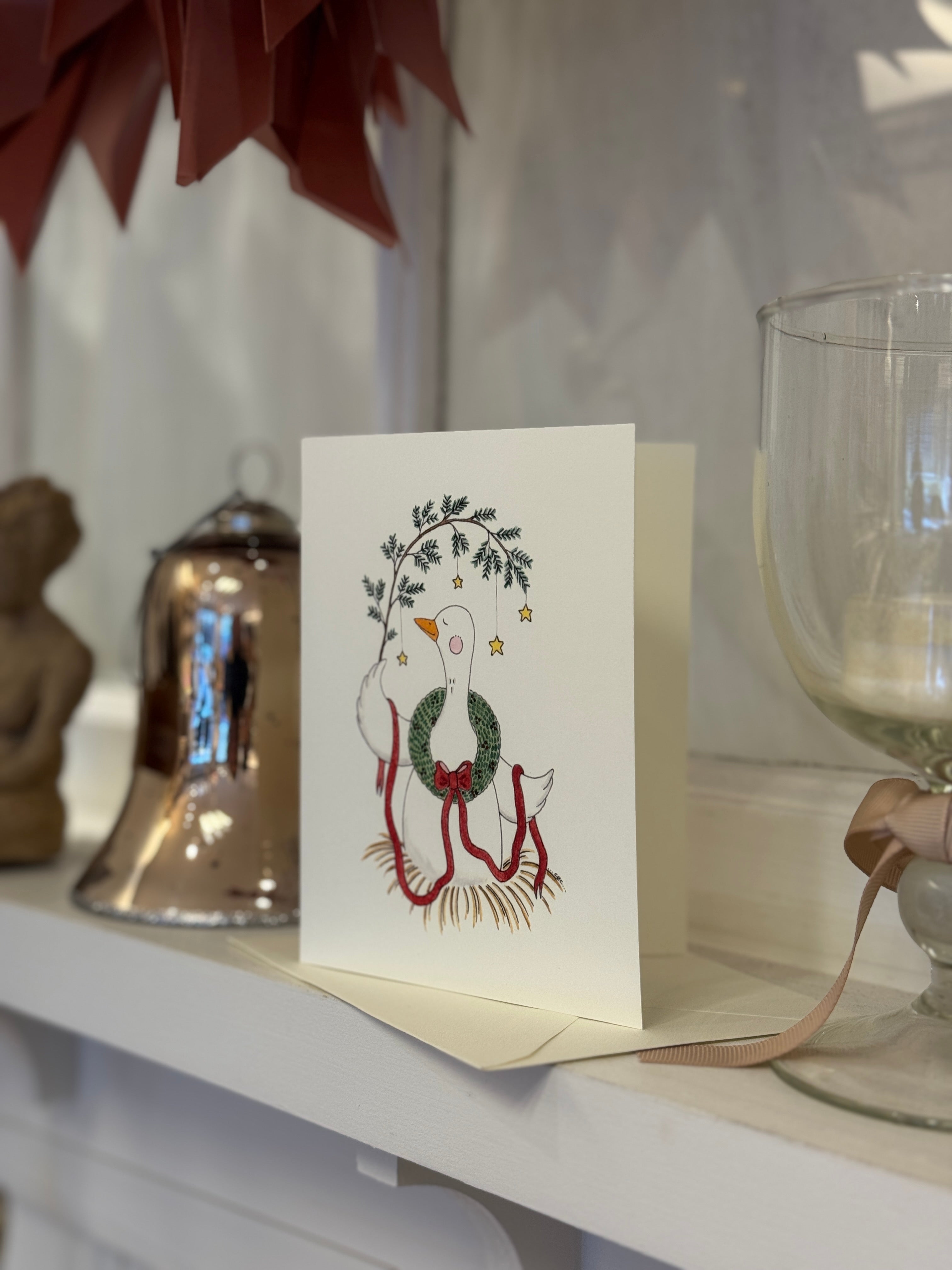 Kort med kuvert - Julegås med krans