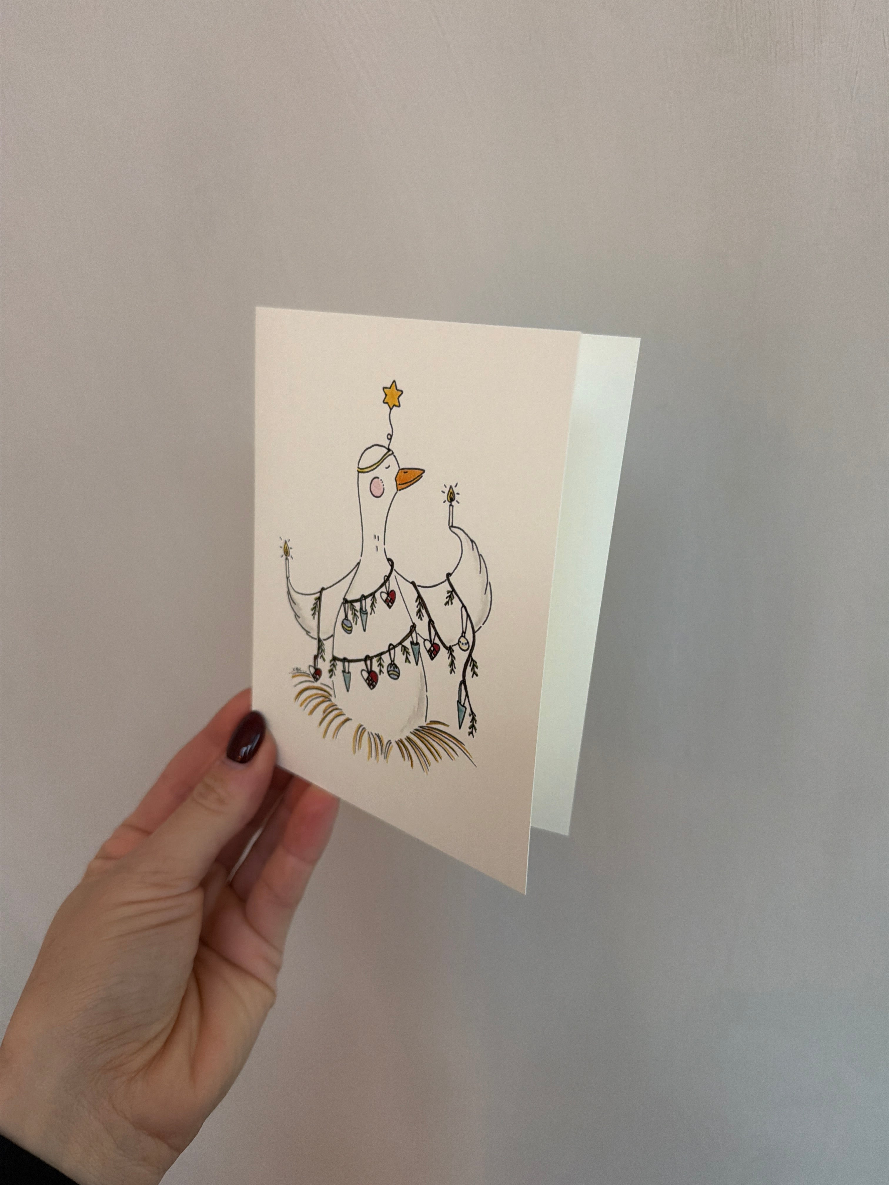 Kort med kuvert - Julegås med julepynt