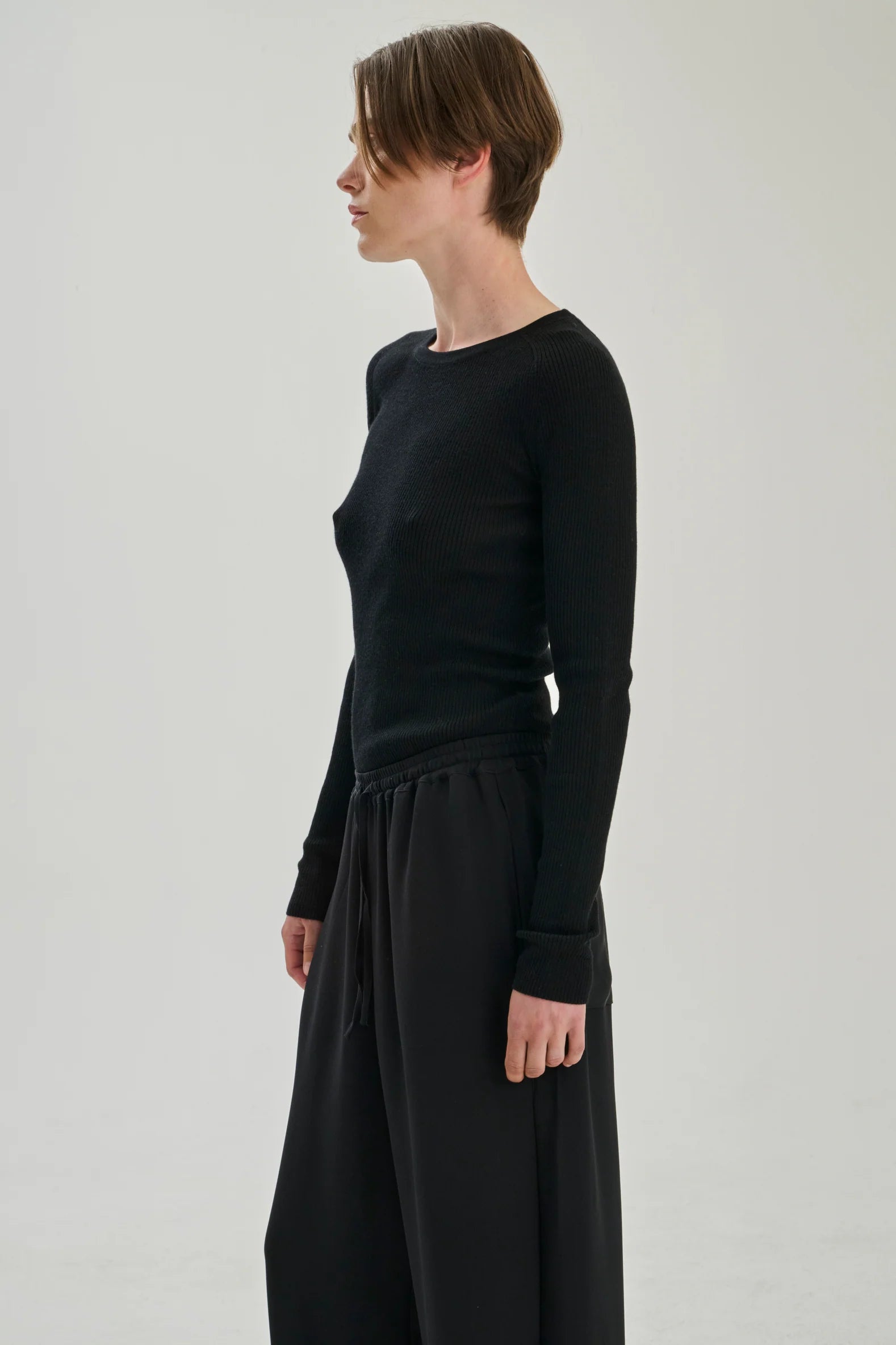 Longsleeve rib merinould blouse - Black