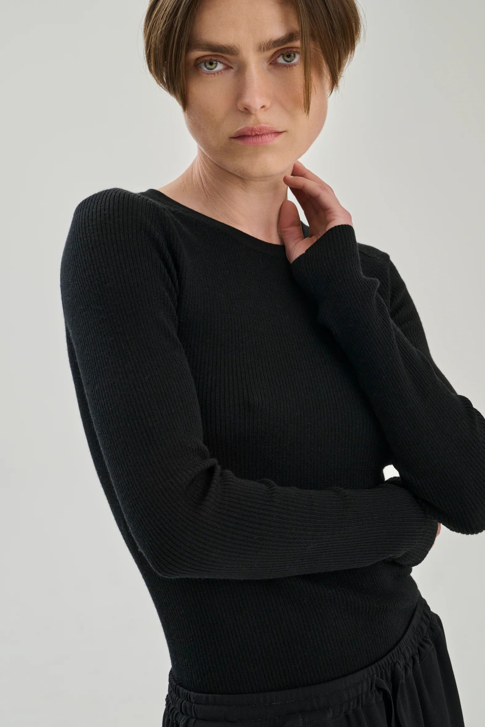 Longsleeve rib merinould blouse - Black